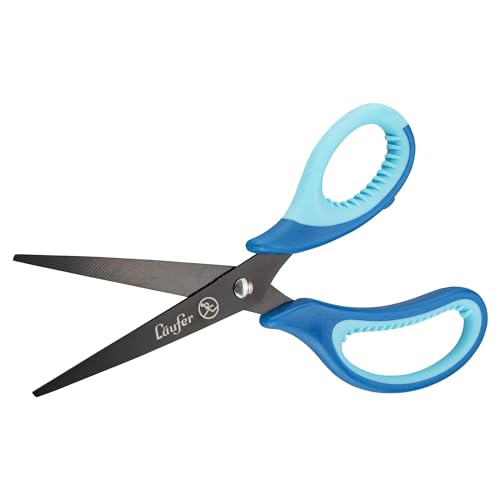 Läufer 87227 Ergonomische Schulschere, spitz, Schule ab 1. Klasse, dunkelblau/hellblau, Bastelschere für Rechtshänder