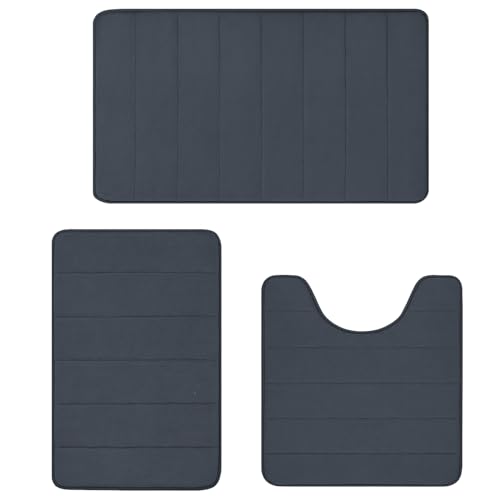 RUN HELIX Bathroom Rugs Set 3 Piece, Memory Foam Bath Mat, Soft Bath Mats Ulta Soft, Absorbent Bath Rugs with No Slip PVC Backing Machine Washable, Easy to Dry - Deep Grey Deep Gray