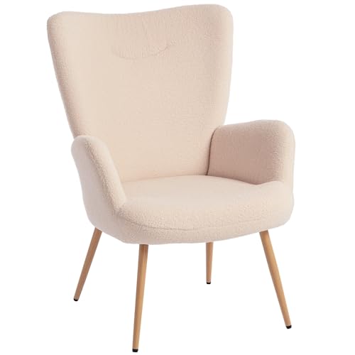 HOMCOM Sillón acolchado moderno de salón, sillón de dormitorio de tela sherpa con respaldo alto y reposabrazos, sillón Relax con estructura de acero para salón, beige