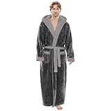 PJGGZ Mens Plush Robes Full Length, Big and Tall Fleece Hooded Bathrobe Warm Fluffy Cozy Winter Housecoat Floor Length(Dark Grey/Medium Grey,L/XL)