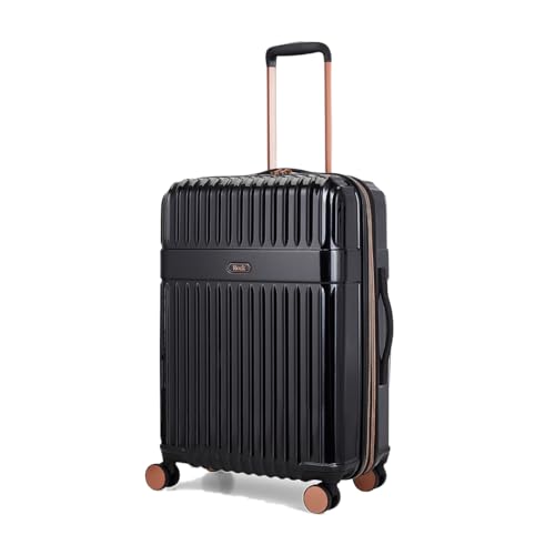 Rock Selene Medium Expandable Hard Shell Hold Suitcase in Black - Elegant Design, 360 Swivel-Wheels, Telescopic Handle, Metallic Finish, Copper Accents & TSA Combination Lock - 66x45x31cm 3.9KG