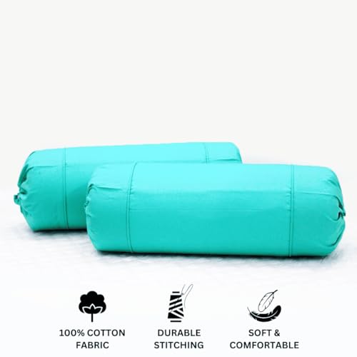 Image of AURAVE Cotton 210 TC Bolster Cover with Drawstring Closure, Set of 2, Soft Breathable Durable Machine Washable for Sofa Bed & Home Decor, 15 inchx30 inch Aqua Green | Cover Only