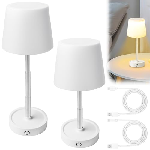 BAIFULAI 2 lámparas LED de mesa con batería recargable por USB, lámpara de mesa telescópica, altura regulable, luz amarilla cálida, lámpara de mesa táctil, lámpara de noche inalámbrica para mesita de