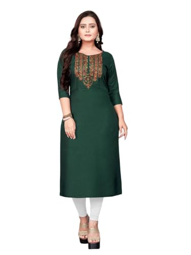 Image of Cotton Blend Embriodery Straight Green Kurti for Women