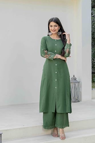 Image of Pistaa's Women Cotton Elegant Off-White Floral Embroidered Sleeves Kurta Palazzo Set