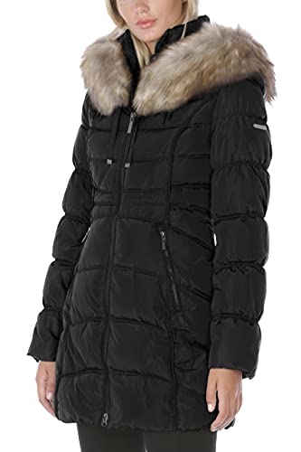 Laundry By Shelli Segal Women's 3/4 Hooded Puffer Jacket With Faux Fur Trim, Black, Small #TOP1