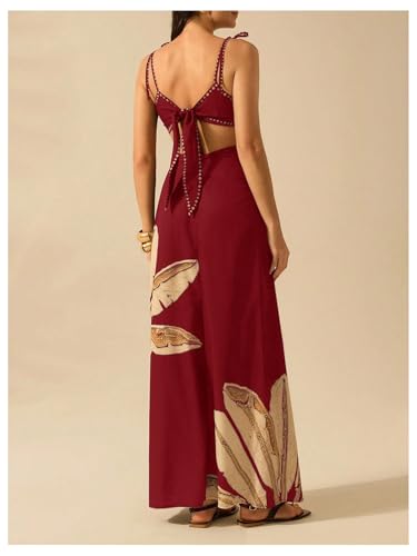 Image of SOLY HUX Women's Summer Maxi Dress Boho Print Tie Shoulder Spaghetti Strap Cut Out Tie Back Cami Dresses Sundress