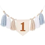 1st Birthday High Chair Banner Decorations Boy, One Blue Boho Wood Bead Tassel Garland Highchair Decor Wall Hanging Banner for Baby First Birthday Party, Baby Shower Essentials for Party Supplies