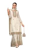 FASHION FRONTIER Heavy Chinon Silk Embroidery Sequence Work Sharara set For Muslim Wedding Party Wear (US, Alpha, Large, Regular, White)