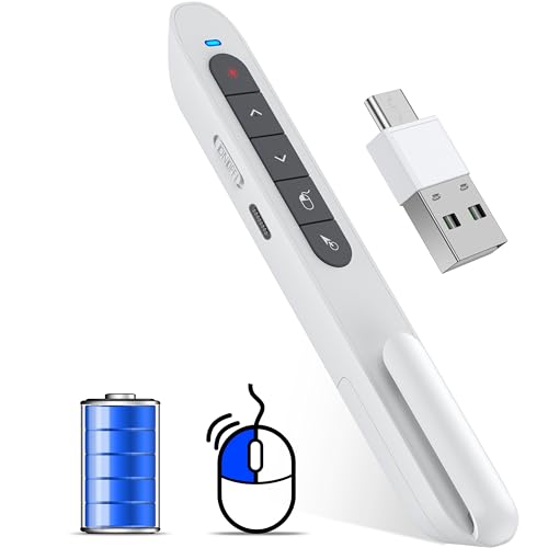 Image of 2 in 1 USB Type C Wireless Rechargeable Presenter Remote with Air Mouse, Volume Control Presentation Clicker PPT Pointer RF 2.4GZ PowerPoint Clicker Slide Advancer for Window Mac Keynote Google White