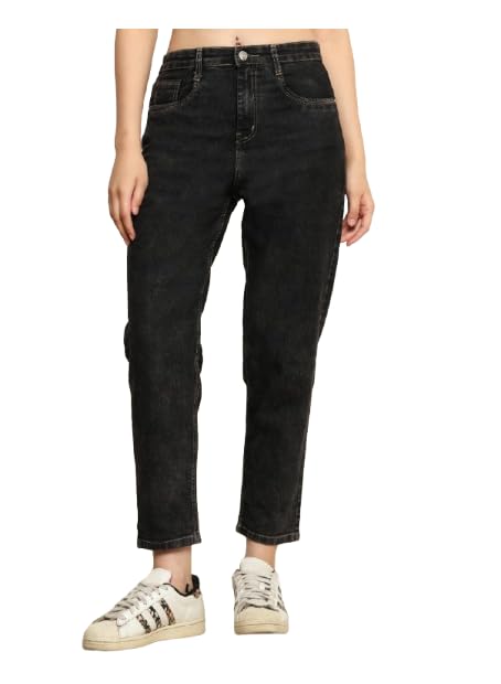 Image of Zayla Women's Mom Fit Cloud Wash Jeans I Full-Length Denim Stretchable High Waist Pant with Curved Pocket I Clean Solid Loose Fit Pants I for Everyday Office Party Girls