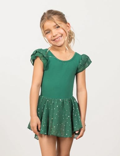 Image of Arshiner Girls Shiny Ruffle Sleeve Ballet Leotard with Skirt Criss-Cross Back Dance Dresses