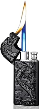 Embossed Dragon Flame Lighter, Cool Dual Flame Butane Lighter, Creative Windproof Lighter, Dual Flame Dragon Lighter, Butane Refillable Torch Lighter, Unique Mens Lighter Gift No Gas Black
