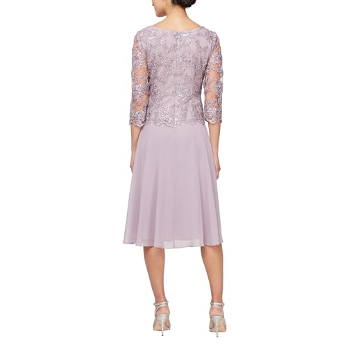 Image of Alex Evenings Women's Tea Length Embroidered Bodice Mother of The Bride Gown, Wedding Guest Dress (Petite and Regular Sizes)