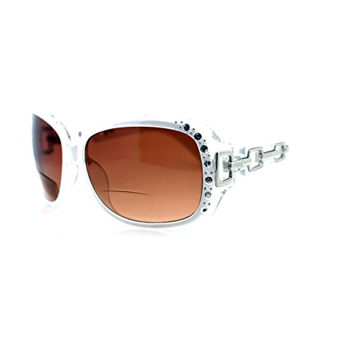 Womens Bifocal Lens Sunglasses Oversized Square Rhinestone Frame (White, 2.25)2