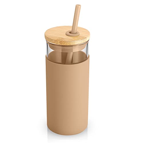 Tronco 20Oz Glass Tumbler Glass Water Bottle Straw Silicone Protective Sleeve Bamboo Lid - Bpa Free (Amber) #TOP1