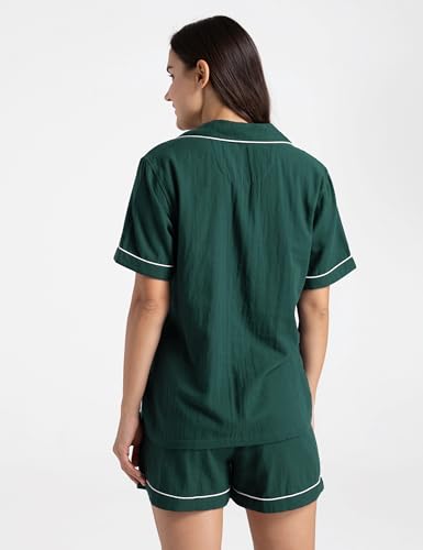 Image of Womens Muslin Pajama Sets 100% Cotton Double Gauze Linen Like Short | Breathable Soft Comfort Button Up Loungewear Sleepwear PJ Set