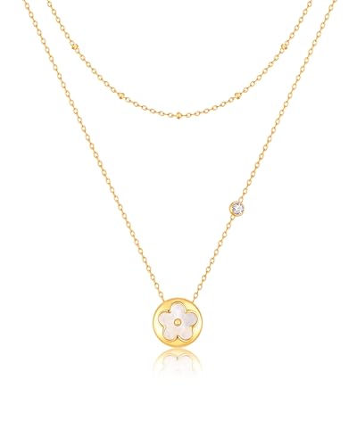 KSF Gold Layered Necklaces for Women - 18K Gold Plated Floral Pendant