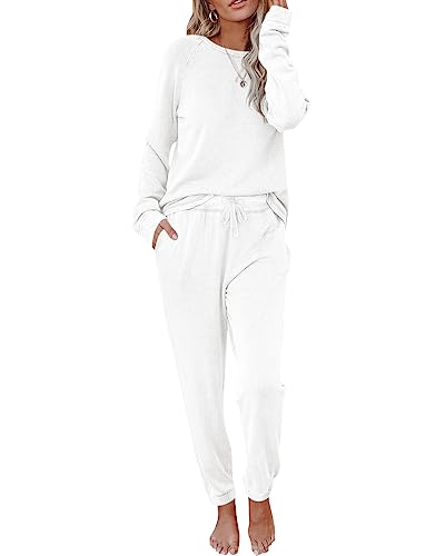 Fessceruna Damen Schlafanzug Langarm Rundhalsausschnitt Freizeitanzug Hausanzug Einfarbig Zweiteiliger Outfit Casual Loungewear Herbst