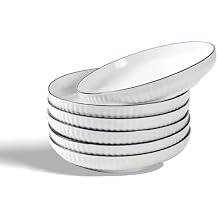 Ceramics Pasta Bowls, 6 Pack 8 inches 20 Oz Large Salad Serving Bowls, Shallow Salad Bowls,ceramics Deep Plates,Microwave Dishwasher Safe,White vertical stripe