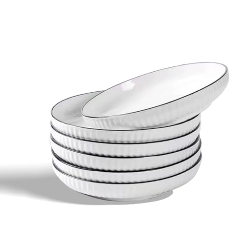 Lxuwbd Ceramics Pasta Bowls, 6 Pack 8 inches 20 Oz Large Salad Serving Bowls, Shallow Salad Bowls,ceramics Deep Plates,Microwave Dishwasher Safe,White (vertical stripe)