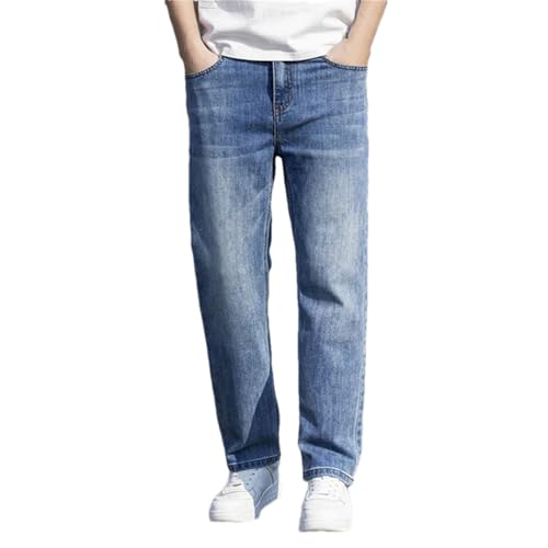 Men's Slim Cotton Jeans Blue Elastic Zipper Casual Straight Pants