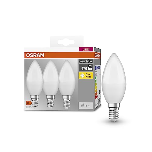 Osram BASE CLASSIC B 40 FR LED-Lampe mit Sockel E14, Minikerzenform, 3er Pack, 4,9W, 470lm, 2700K, warmweißes Licht, geringere Wärmeentwicklung, sehr geringer Energieverbrauch, lange Lebensdauer