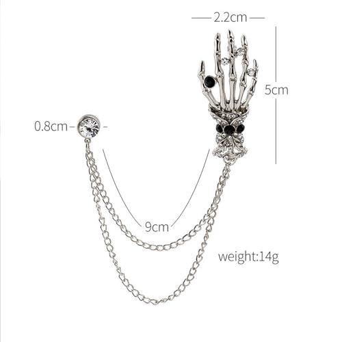 Image of Gothic Halloween Skull Hand Brooch Pin for Women Men Punk Vintage Crystal Skeleton Tassel Chain Lapel Pins Dark Skull Brooches Sweater Suit Accessory