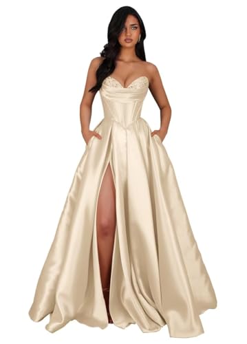 Memphty Women's Satin Prom Dresses with Slit Strapless Long Champagne