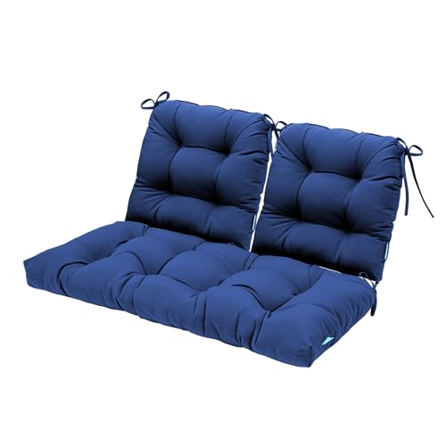 Image of QILLOWAY Outdoor Patio Cushions Set of 3, Wicker Furniture Cushions with Ties, Waterproof Loveseat & Seat Cushions for Patio Bench, Porch Chair, Outdoor Replacement Cushions, Navy Blue