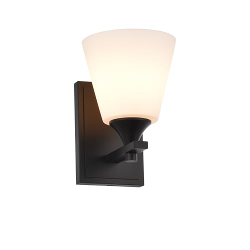 Image of Black Wall Sconce Light, American Sconces Wall Lighting, Traditional 1 Light Bathroom Vanity Lighting with Opal Glass Shade, Wall Light for Bedroom Bathroom Living Room Entryway Hallway