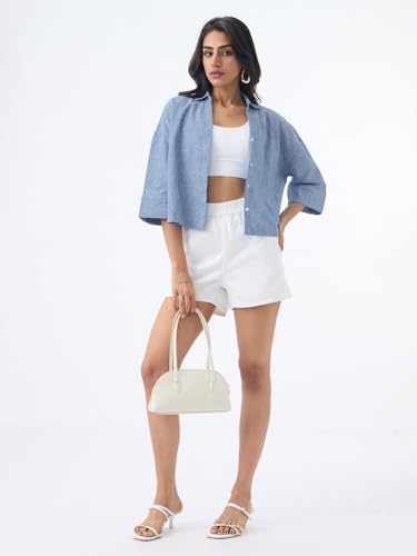 Image of The Souled Store Cotton Linen Shirt: Women and Girls Drop-Shoulder Sleeves Spread Collar Stripes Lightweight Casual Oversized Shirt