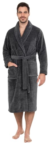 Adore Home Mens Extra Warm Fleece Dressing Gown – Thick Ribbed Bathrobe with Cosy Sherpa Lining, Charcoal, L-XL