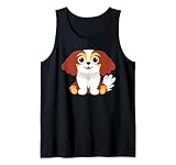 Affascinante illustrazione Cavalier King Charles Spaniel con il classico cappotto Blenheim, castagna e colorazione bianca, e occhi espressivi in un caldo stile cartone animato.