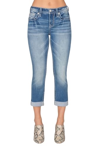 Miss Me Women's Mid Rise Capri Jeans, Faux Flap Pockets with Floral Embroidery, Cropped Stretch Denim Pants2