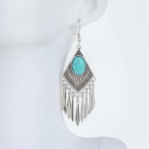 Boho Handmade Vintage Turquoise Earrings for Women Dangling Silver Bohemian Colorful Inlaid Stones Geometric Engraved Flower Pattern Round Long Tassel Drop Earrings Western Jewelry Gifts4