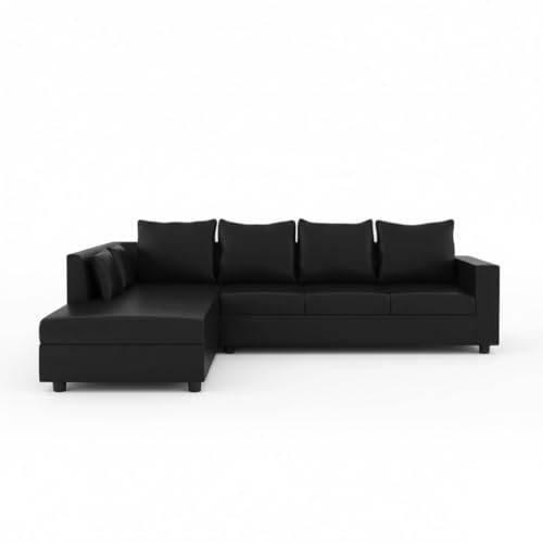 Image of FURNY Harloy 5 Seater LHS L Shape Leatherette Sofa Set (Black) in Premium Finish | Durable Comfort | Ideal for Living Room