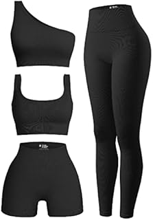 OQQ Women's 4 Piece Ribbed Exercise Scoop Neck Sports One Shoulder High Waist Legging Active Set Bra Shorts Outfit, Black, Medium