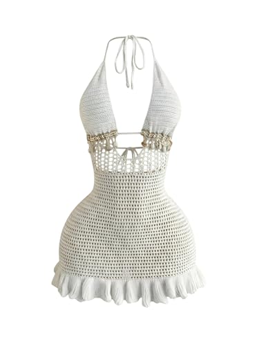 Image of GORGLITTER Women's Vacation Outfit Crochet Halter Knit Bubble Mini Dress Sexy Beach Cruise Summer Miami Resort Outfits