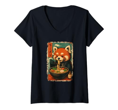 Womens Small Red Panda Eats Ramen Noodles Japanese Vintage V-Neck T-Shirt