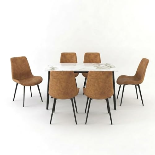 Image of Eclipse Six Seater Faux Marble Dining Set | 15mm Sintered Stone Dining Table | Upholstered Metal Chairs | Galaxy Cream (DIY Assembly)