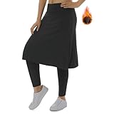 Women Fleece Skirts Zipper Leggings,Knee Length Skirts Leggings Thermal&Winter Skirted Capris Skorts Zipper Pockets(Black Charcoal Full Length M)
