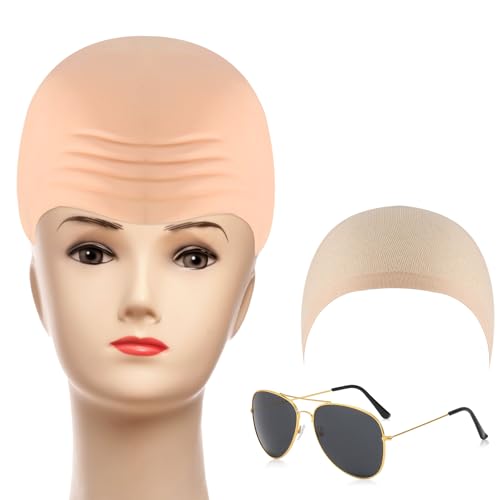 Phlognfy Juego de máscaras calvas de látex para adultos, con máscara calva de látex, red para el pelo, gafas de sol, para Halloween, carnaval, cosplay