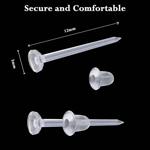 Plastic Earrings, 200 PCS Invisible Clear Post Studs for Sports, Work - Flat Silicone Rubber