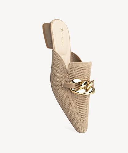 Image of NEWBELLA Women's Knit Pointed Toe Mule Slides, Chunky Gold Chain Decor, Low Block Heel, Slip On Loafer for Daily Office Wear
