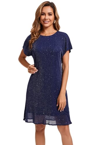 Image of Women's Crewneck Sequin Shift Dress Short Sleeve Casual Holiday Sparkly Party Dress