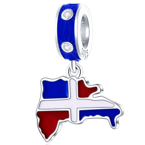Me Encanta República Dominicana Charms se adapta a la Pulsera de Viaje Pandora, Cuentas Colgantes de la Bandera del Mapa de Dominica de Plata de Ley 925, Regalo para Amigos/Puerto Rico