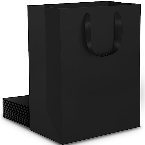 EUSOAR Bolsas Regalo Negro - 10 Piezas 250GSM Bolsas de Papel con Asas - M 20x10x28cm Bolsa de Regalo Negro - Bolsa Envolver Regalo Fiesta Medio - Saco Papel Presente Cumpleaños Compras
