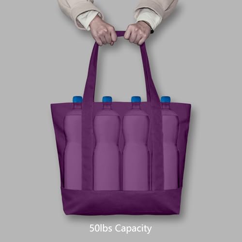 Image of TOPDesign 3-Pack Canvas Tote Bags with an External Pocket, Reusable Grocery Shopping Bags, Top Zipper Closure, Daily Essentials (Purple)