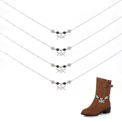 Hobbspring 4 pcs Chaînes de Bottes en Acier Inoxydable 44.5cm Bijoux de Bottes Bracelet à Breloques Onyx Noir et Argent Pentagramme de la Lune Breloque de...
